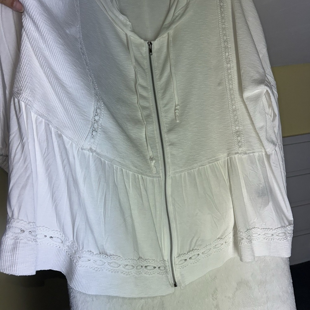 POL Oversized Beachy Lace Trim Full Zip Hoodie White Balloon Sleeve Boho M Light - Picture 9 of 13